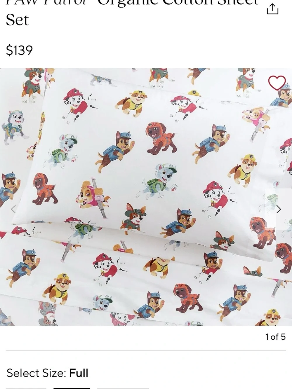 Pottery Barn Kids Paw Patrol Organic Cotton Full Sheet Set